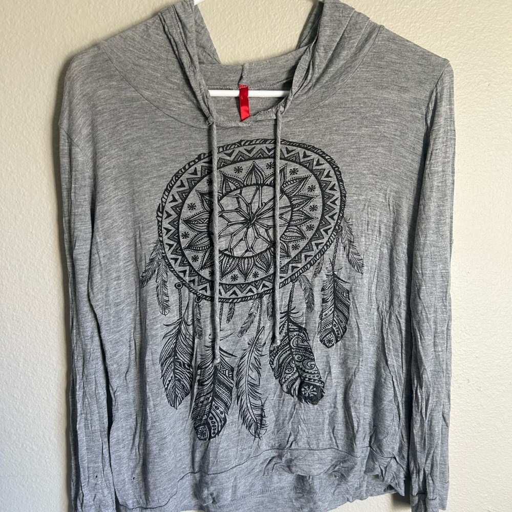 Trendy Gray Hoodie with dream catcher and feathers